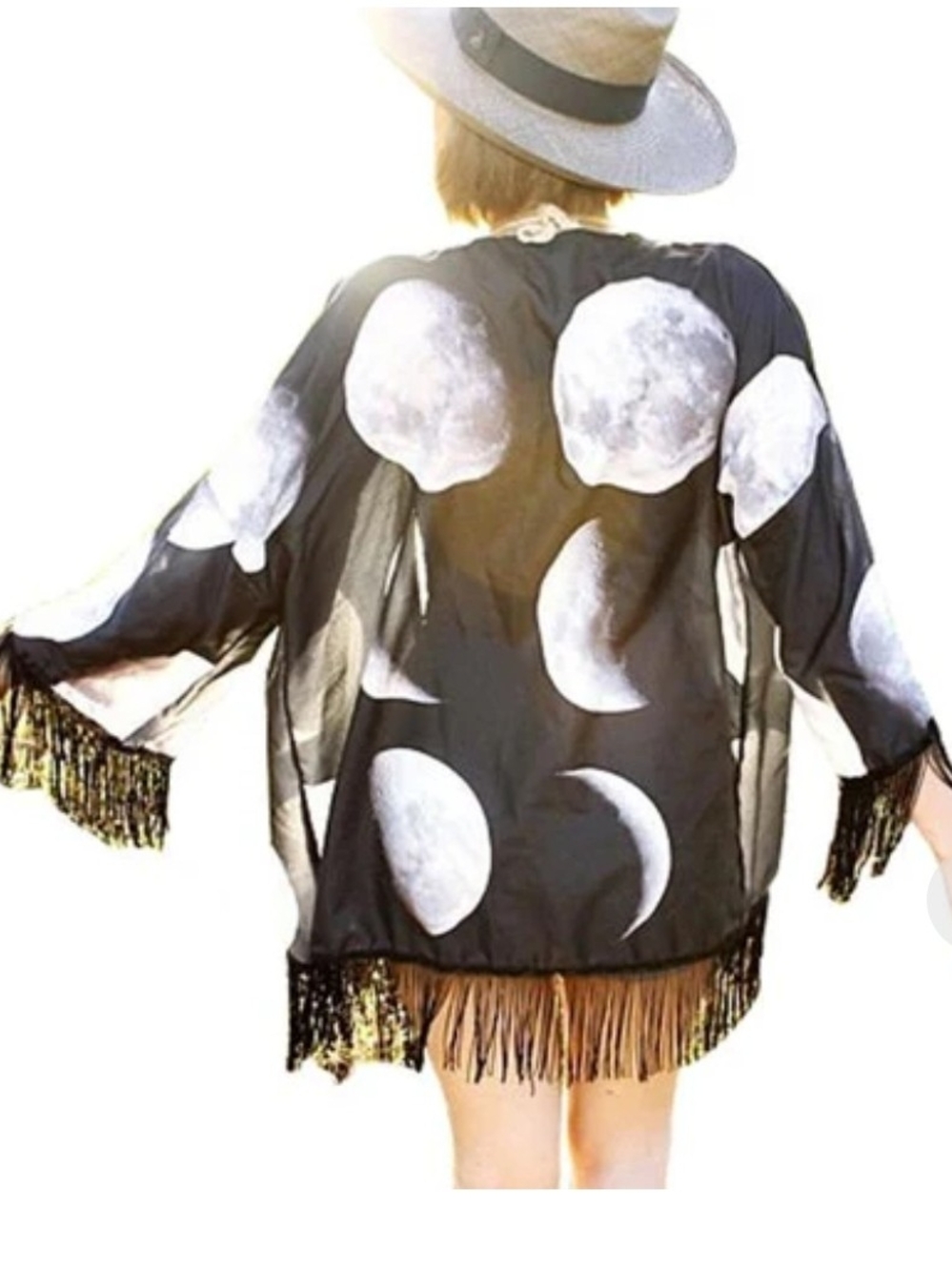 Hot Topic Black Sheer Moon Phase Fringe Kimono Shrug